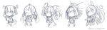  5girls ahoge animal_ears animal_on_head antlers bangs boots ceres_fauna chibi closed_eyes closed_mouth commentary_request copyright_name crop_top double_v dress eyebrows_visible_through_hair feather_hair_ornament feathers greyscale hair_between_eyes hair_cubes hair_intakes hair_ornament hakos_baelz halo hands_on_hips hands_up highres holocouncil hololive hololive_english long_hair long_sleeves low_twintails midriff monochrome mouse mouse_ears mouse_girl mouse_tail multiple_girls nanashi_mumei navel on_head ouro_kronii outstretched_arms pleated_skirt puffy_long_sleeves puffy_short_sleeves puffy_sleeves shirt short_sleeves simple_background skirt sleeves_past_wrists smile spread_arms standing standing_on_one_leg tail totatokeke tsukumo_sana twintails v very_long_hair virtual_youtuber white_background wide_sleeves 