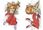  2026 accessory anthro asian_clothing bed bed_sheet bedding bell blush boots bottomwear bow_ribbon canid canine ceroba_ketsukane clothed clothing dakimakura dakimakura_design digital_drawing_(artwork) digital_media_(artwork) ear_tuft east_asian_clothing emblem facial_tuft female fingers_together fishnet_clothing fishnet_topwear flat_chested footwear fox fur furniture hair hair_accessory hair_bow hair_down hair_ribbon hi_res holding_object holding_staff japanese_clothing kimono legs_up long_hair looking_at_viewer lying mammal off_shoulder on_back on_bed on_front orange_body orange_fur orange_hair ponytail red_bottomwear red_clothing red_eyes relaxing ribbons sash seductive shoes smug snoutless solo sparkles staff topwear tuft undertale_yellow white_clothing white_topwear 