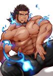  1boy :q abs absurdres bara beard belt black_hair black_pants blue_fire bulge crotch_grab dark-skinned_male dark_skin facial_hair feet_out_of_frame fire forked_eyebrows highres kizami_nori_to_yamaimo large_pectorals looking_at_viewer male_focus mature_male medium_hair muscular muscular_male navel nipples pants pectorals sandayu_(tokyo_houkago_summoners) shirtless sitting smug solo spread_legs stomach thick_thighs thighs tied_hair tokyo_houkago_summoners tongue tongue_out 