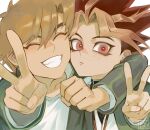  2boys ^_^ arm_around_neck belt belt_collar black_belt black_jacket blonde_hair clenched_hand closed_eyes closed_mouth collar commentary_request crew_neck grin highres jacket jonouchi_katsuya layered_sleeves long_sleeves male_focus multicolored_hair multiple_boys papaya0813 purple_hair red_eyes shirt smile spiked_hair two-tone_hair upper_body white_background white_shirt yami_yugi yu-gi-oh! yu-gi-oh!_duel_monsters 