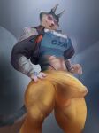 abs anthro big_bulge bottomwear breasts bulge canid canine canis clothed clothing clothing_pull crossgender detailed_bulge digital_media_(artwork) ear_piercing english_text erection erection_under_clothing eyebrow_piercing eyewear facial_piercing fingers ftg_crossgender fti_crossgender fur genital_outline glasses gynomorph hi_res illumination_entertainment intersex jacket looking_at_viewer mammal midriff muscular muscular_anthro muscular_gynomorph muscular_intersex navel nose_piercing open_clothing open_jacket open_topwear penis_outline piercing pink_eyewear pink_glasses porsha_crystal shirt sing_(movie) smile solo spectrumshift standing text text_on_clothing topwear underwear underwear_pull wolf
