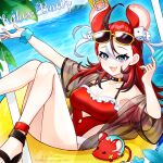  1girl a_ya_a_sha ahoge animal_ears ankle_strap arm_up black_streaks blue_eyes bluesky_username breasts bright_pupils character_name cleavage cloud collar collarbone commentary_request day dice_hair_ornament eyewear_on_head fang food frilled_one-piece_swimsuit frills hair_ornament hakos_baelz hakos_baelz_(holonatsu_paradise) highres holding holding_food holding_popsicle hololive hololive_english innertube korean_commentary leaf long_hair looking_at_viewer medium_breasts mountain mouse_ears mouse_tail mr._squeaks_(hakos_baelz) multicolored_hair ocean one-piece_swimsuit open_mouth outdoors photo_(object) popsicle red_hair red_one-piece_swimsuit sandals scrunchie see-through_shrug shrug_(clothing) smile spiked_collar spikes streaked_hair sunglasses swim_ring swimsuit tail thighs twitter_username virtual_youtuber white_hair wrist_scrunchie 