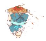  1girl back bloomers blue_bow blue_dress blue_hair bow cirno dirty dirty_clothes dress food fumo_(doll) highres holding holding_up pasta puffy_short_sleeves puffy_sleeves running short_hair short_sleeves simple_background skullchimes solo spaghetti touhou underwear white_background 