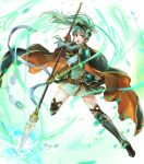  1girl aqua_eyes aqua_hair armor armored_boots bangs belt boots bracelet breastplate brown_gloves cape dress earrings eirika_(fire_emblem) elbow_gloves fire_emblem fire_emblem:_the_sacred_stones fire_emblem_heroes full_body gloves hair_ornament highres holding holding_weapon jewelry long_hair long_sleeves official_art open_mouth polearm ponytail shiny shiny_hair short_dress shoulder_armor sidelocks solo spear thighhighs tied_hair transparent_background turtleneck wada_sachiko weapon white_legwear 