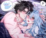  ! !! 1boy 1girl after_sex ahoge artist_name bite_mark black_hair blue_hair blush breasts character_request cleavage closed_mouth commentary_request commission commissioner_name copyright_request cuddling ear_piercing earrings english_commentary fingernails grey_eyes hair_spread_out hand_on_another's_head hands_on_another's_arm hetero hickey highres jewelry large_breasts long_hair memeanimeow mixed-language_commentary nail_polish one_eye_closed open_clothes open_mouth open_shirt piercing pillow pink_nails scar scar_on_arm scar_on_neck scratches second-party_source shirt short_hair speech_bubble spoken_character spoken_exclamation_mark stud_earrings sweat thai_commentary thought_bubble under_covers upper_body very_short_hair white_shirt 