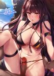  1boy 1girl against_rock beach bikini black_bikini blush breasts censored dark-skinned_female dark_skin erection eyebrows_visible_through_hair girls&#039;_frontline half_updo hetero highres imminent_penetration imminent_vaginal large_breasts long_hair mosaic_censoring multicolored multicolored_bikini multicolored_clothes one_side_up orange_bikini penis purple_hair red_eyes reward_available shore solo_focus swimsuit tsuki_tokage wa2000_(girls&#039;_frontline) 