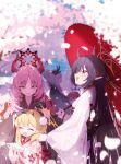  5girls :d ^_^ absurdres alternate_costume black_choker black_hair black_horns blonde_hair blue_archive blush cherry_blossoms chiaki_(blue_archive) choker closed_eyes commentary_request demon_girl demon_horns falling_petals floral_print grey_hair grin hair_bun halo hanami happy highres holding holding_petal holding_umbrella horns ibuki_(blue_archive) iroha_(blue_archive) japanese_clothes jitome kimono long_hair long_sleeves looking_up makoto_(blue_archive) multiple_girls oil-paper_umbrella open_mouth outdoors pandemonium_society_(blue_archive) patanda petals pink_hair pointy_ears red_eyes revision satsuki_(blue_archive) single_hair_bun smile spring_(season) straight_hair umbrella very_long_hair white_kimono wide_sleeves yukata 