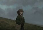  1girl absurdres bag bangs black_choker black_pants brown_eyes brown_hair choker cloud cloudy_sky coat commentary cowboy_shot field grass green_coat hands_in_pockets highres looking_ahead medium_hair original outdoors pants shoulder_bag sky solo subfiction 