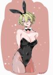  1girl :d animal_ear_hairband animal_ears arms_behind_back black_bow black_bowtie black_hairband black_leotard border bow bowtie breasts brown_background brown_pantyhose cleavage commentary_request covered_navel cowboy_shot cropped_legs detached_collar ensemble_stars! fake_animal_ears genderswap genderswap_(mtf) green_hair hairband highres irregular_border large_breasts leotard lightgreen03 looking_at_viewer open_mouth pantyhose playboy_bunny purple_eyes rabbit_ear_hairband rabbit_ears short_hair smile solo star_(symbol) star_symbol_background strapless strapless_leotard tomoe_hiyori traditional_bowtie twitter_username white_border 