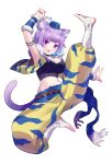  1girl :3 :d animal_ear_fluff animal_ears armpits bandaged_leg bandages bangs blue_hair blue_headwear blunt_bangs blush bracer breasts cat_ears cat_girl cat_tail colored_inner_hair commentary_request cosplay crop_top cropped_jacket eyebrows_visible_through_hair fang full_body highres hololive jacket jewelry kevin_(seiken_densetsu_3) kevin_(seiken_densetsu_3)_(cosplay) large_breasts looking_at_viewer midriff multicolored_hair navel necklace nekomata_okayu open_clothes open_jacket open_mouth pants puffy_pants purple_eyes purple_hair seiken_densetsu seiken_densetsu_3 simple_background sleeveless sleeveless_jacket smile solo tail toeless_footwear tomoyohi virtual_youtuber white_background yellow_pants 