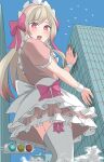  1girl absurdres alternate_costume blonde_hair building chaos_marie_(grimms_notes) commentary_request destruction giant giantess grimms_notes hair_ribbon highres long_hair maid_headdress open_mouth pink_eyes pink_ribbon piyonaf puffy_short_sleeves puffy_sleeves ribbon short_sleeves solo standing sweatdrop teeth thighhighs tongue upper_teeth_only white_thighhighs 
