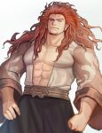  1boy abs animal_ears bara facial_hair feet_out_of_frame fire_emblem fire_emblem:_radiant_dawn frown goatee highres ina_zuma large_pectorals long_hair long_sleeves looking_at_viewer male_cleavage male_focus mature_male messy_hair muscular muscular_male open_clothes open_shirt pectorals red_hair sideburns skrimir_(fire_emblem) solo stomach 
