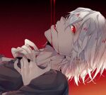  1boy black_shirt blood character_request check_copyright copyright_request fingernails gradient gradient_background grey_hair highres kemono_jihen long_fingernails looking_at_viewer male_focus nyazuta pointy_ears red_eyes sharp_fingernails shirt simple_background solo vampire 