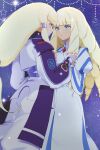  2girls blonde_hair blue_eyes blue_lips campbell_xx dianna_soreil dress gundam highres holding_hands kihel_heim long_hair looking_at_another multiple_girls non-web_source puffy_sleeves turn_a_gundam white_dress yuri 