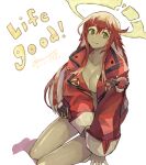  1girl absurdres aria_(guilty_gear) green_eyes guilty_gear guilty_gear_strive hair_between_eyes halo highres jack-o&#039;_valentine jacket long_hair looking_at_viewer oversized_clothes red_hair red_jacket subakeye 