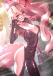  1girl animal_ear_fluff animal_ears backlighting bangs black_bodysuit bodysuit bow breasts center_opening choker cleavage fate/grand_order fate_(series) fox_ears fox_girl fox_shadow_puppet fox_tail glasses hair_between_eyes hair_bow hip_vent koyanskaya_(fate) large_breasts long_hair looking_at_viewer open_mouth p-kana pink_bow pink_hair ponytail sidelocks smile solo tail tamamo_(fate) thighs yellow_eyes 