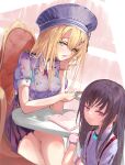  2girls absurdres aged_up alternate_breast_size_(larger) alternate_hair_length alternate_hairstyle black_skirt blonde_hair book breasts brown_hair buttons center_frills chair closed_mouth collared_shirt commentary crossed_legs cup double-breasted dutch_angle feet_out_of_frame frilled_shirt frills fuuka_koji gloves green_eyes grey_hat grey_shirt hair_ornament hair_over_shoulder hairclip hand_on_own_cheek hand_on_own_face hands_up hat heaven_burns_red highres holding holding_cup indoors large_breasts long_hair looking_at_viewer maruyama_kanata miniskirt multiple_girls on_chair open_book open_mouth parallel_hairclips pleated_skirt puffy_short_sleeves puffy_sleeves red_eyes shirt short_sleeves simple_background sitting skirt smile straight_hair suspenders tea teacup thighs upper_body white_background white_gloves white_shirt yanagi_mion 