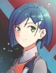  1girl absurdres bangs black_background blue_eyes blue_hair bob_cut closed_mouth commentary confetti darling_in_the_franxx english_commentary green_eyes grey_shirt hair_ornament hairclip highres ichigo_(darling_in_the_franxx) light_smile looking_back naobhal portrait red_background shirt short_hair solo swept_bangs uniform white_background 