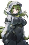  1girl absurdres alternate_breast_size_(larger) arknights arknights:_endfield atiarta7 black_bodysuit bodysuit breasts closed_mouth covered_navel cowboy_shot fluorite_(arknights) framed_breasts green_eyes green_hair green_tail grey_hood hair_between_eyes hair_ornament hairclip highres hood hood_up large_breasts light_smile long_hair long_sleeves looking_at_viewer simple_background snake_girl snake_tail solo standing tail white_background 