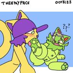  blush bodily_fluids butters_(theenyface) confusion domestic_cat feet felid feline felis foot_fetish foot_in_mouth fur generation_9_pokemon genitals green_body green_eyes green_fur hair mammal nintendo nipples open_mouth pawpads pokemon pokemon_(species) purple purple_hair red_eyes saliva sprigatito theenyface tongue vulva 