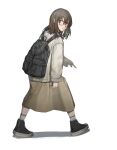  1girl backpack bag black_footwear brown_eyes brown_hair brown_skirt from_behind full_body glasses highres jacket legs_apart long_sleeves looking_at_viewer looking_back medium_hair original parted_lips pointing shoes simple_background skirt sneakers socks solo standing subfiction teeth white_background white_jacket white_legwear 