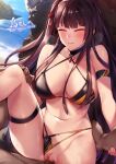  1boy 1girl against_rock beach bikini bikini_aside black_bikini breasts censored dark-skinned_male dark_skin eyebrows_visible_through_hair girls&#039;_frontline half_updo hetero highres large_breasts long_hair mosaic_censoring multicolored multicolored_bikini multicolored_clothes one_side_up orange_bikini penis purple_hair red_eyes reward_available sex shore solo_focus swimsuit tsuki_tokage vaginal wa2000_(girls&#039;_frontline) 