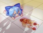  2girls apu_spills_his_tendies_(meme) artist_name blue_bow blue_dress blue_eyes blue_hair bow cirno crying crying_with_eyes_open dress fallen_down floor food fumo_(doll) hair_between_eyes hatsune_miku highres meatball meme multiple_girls on_floor out_of_frame pasta puffy_short_sleeves puffy_sleeves shadow short_hair short_sleeves simple_background skullchimes spaghetti spaghetti_and_meatballs tears tiles touhou twitter_username v-shaped_eyebrows vocaloid 