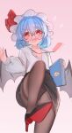  1girl 2091966 absurdres alternate_costume artist_name bat_wings bespectacled black_panties black_shoes black_skirt blue_hair blush breasts brown_pantyhose collared_shirt commentary_request contemporary embarrassed fang flying_sweatdrops glasses hat hat_ribbon high_heels highres holding id_card lanyard leg_up looking_at_viewer medium_hair miniskirt mob_cap office_lady open_mouth panties panties_under_pantyhose pantyhose red_eyes remilia_scarlet ribbon round_eyewear shirt shoes skin_fang skirt small_breasts solo teardrop-framed_glasses thighband_pantyhose touhou underwear white_shirt wings 