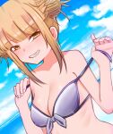  1girl bangs bare_shoulders beach bikini blonde_hair blue_sky blunt_bangs blush boku_no_hero_academia breasts cleavage cloud collarbone commentary double_bun dutch_angle front-tie_bikini front-tie_top grin hair_strand hair_up halter_top halterneck highres looking_at_viewer medium_breasts messy_hair nanomitw_(jackson2444) narrowed_eyes naughty_face ocean ribs sidelocks sky slit_pupils smile solo strap_slip swimsuit toga_himiko undressing untied untied_bikini upper_body w_arms yellow_eyes 