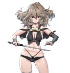  1girl ass_visible_through_thighs asymmetrical_clothes bare_shoulders blonde_hair breasts capelet cleavage collarbone contrapposto cowboy_shot dagger knife looking_at_viewer medium_hair original red_eyes short_shorts shorts simple_background skindentation solo takada_kazuhiro weapon wind 