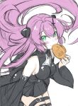  azur_lane belt black_dress black_sleeves breasts clothing_cutout cosplay detached_sleeves dress eating food green_eyes highres javelin_(azur_lane) konjiki_no_yami konjiki_no_yami_(cosplay) long_hair looking_at_viewer medium_breasts misopiero purple_hair simple_background sketch star_cutout taiyaki thigh_belt thigh_strap to_love-ru wagashi white_background 