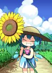  1girl blue_bow blue_dress bow cirno closed_eyes cloud commentary_request dress field flower hair_bow hat highres light_blue_hair mountain moyazou_(kitaguni_moyashi_seizoujo) outdoors power_lines short_hair sleeveless smile solo sun_hat sunflower touhou utility_pole 