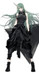  1girl arknights arm_scarf black_footwear black_gloves black_jacket black_pants black_shirt boots chinese_commentary clothes_around_waist commentary_request expressionless full_body gloves green_hair highres holding holding_shield horns hoshiguma_(arknights) jacket jacket_around_waist long_hair looking_at_viewer oni_horns pants parted_lips scar scar_on_face shield shirt simple_background single_horn sleeveless sleeveless_shirt solo white_background xiandao1213 yellow_eyes 