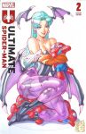  1girl acecore2k animal_print aqua_eyes aqua_hair bat_print bat_wings black_boots black_leotard boots breasts bridal_gauntlets brown_bridal_gauntlets character_doll cleavage collarbone commentary copyright_logo copyright_name cover cover_page cover_sketch darkstalkers demon_girl doll earrings english_commentary fur-trimmed_leotard fur_trim head_wings high_heel_boots high_heels highleg highleg_leotard highres holding holding_doll hoop_earrings jewelry large_breasts leotard logo long_hair looking_at_object marker_(medium) marvel marvel_vs._capcom morrigan_aensland off-shoulder_leotard pantyhose parted_bangs parted_lips pen_(medium) pink_lips print_pantyhose purple_pantyhose sitting smile solo spider-man spider-man_(original_suit) spider-man_(series) traditional_media white_background wings 