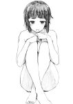  1girl bangs blunt_bangs breasts completely_nude frown graphite_(medium) greyscale highres kantai_collection medium_breasts monochrome myoukou_(kancolle) nude open_mouth solo thick_eyebrows traditional_media tsuji_kazuho 
