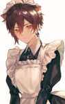  1boy alternate_costume animal_ears apron bangs black_dress black_hair brown_hair closed_mouth crossdressing dress earrings enmaided frilled_apron frills genshin_impact gradient_hair grey_background guo_o0 hair_between_eyes highres jewelry long_hair long_sleeves maid maid_headdress male_focus multicolored_hair orange_eyes ponytail simple_background single_earring solo sweat tassel tassel_earrings upper_body white_apron zhongli_(genshin_impact) 