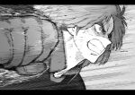 1boy captain_tsubasa clenched_hand clenched_teeth deuter_muller furrowed_brow gloves goalkeeper greyscale highres letterboxed long_hair maki_keigo male_focus monochrome profile solo sportswear teeth upper_body 