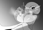  1girl blush breasts condom cum empty_eyes furry gardevoir gen_3_pokemon greyscale holding holding_condom huge_breasts monochrome pochincoff pokemon steam upper_body used_condom 