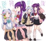  2girls :q alternate_costume alternate_hairstyle aqua_bow aqua_bowtie aqua_nails black_jacket black_scrunchie black_skirt blazer blue_scrunchie blunt_bangs bow bowtie breasts brown_shoes cardigan cardigan_around_waist clothes_around_waist collared_shirt commentary_request contemporary ear_piercing earrings elf fern_(sousou_no_frieren) food frieren green_eyes grey_hair gyaru highres holding holding_food holding_ice_cream ice_cream ice_cream_cone jacket jewelry large_breasts licking licking_hand loafers locked_arms long_hair looking_at_viewer loose_socks multiple_girls multiple_views open_cardigan open_clothes open_mouth parted_bangs piercing pink_cardigan pleated_skirt pointy_ears purple_eyes purple_hair purple_nails purple_scrunchie red_bow red_bowtie scrunchie shashaki shirt shirt_tucked_in shoes sidelocks simple_background skirt socks sousou_no_frieren standing standing_on_one_leg tongue tongue_out translation_request twintails v white_background white_shirt white_socks wrist_scrunchie yellow_cardigan 