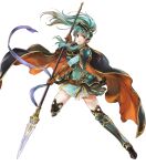  1girl aqua_eyes aqua_hair armor armored_boots bangs belt boots bracelet breastplate brown_gloves cape dress earrings eirika_(fire_emblem) elbow_gloves fire_emblem fire_emblem:_the_sacred_stones fire_emblem_heroes full_body gloves hair_ornament highres holding holding_weapon jewelry long_hair long_sleeves official_art polearm ponytail shiny shiny_hair short_dress shoulder_armor sidelocks solo spear thighhighs tied_hair transparent_background turtleneck wada_sachiko weapon white_legwear 