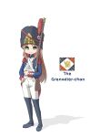  1girl antique_firearm aqua_eyes bearskin_cap blue_coat boots brown_hair character_name closed_mouth coat cockade crossbelt english_text epaulettes feathers firelock flintlock france full_body gold_buttons grenadier_guards gun hat highres holding holding_gun holding_weapon invisible_floor knee_boots leochan1202 long_hair long_sleeves looking_at_viewer military_uniform musket napoleonic_wars original pants plume real_life red_epaulettes red_feathers shadow simple_background sleeve_cuffs smile soldier solo standing tailcoat tall_hat weapon white_background white_crossbelt white_pants 