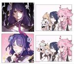  3girls aether_(genshin_impact) anger_vein angry blonde_hair blush closed_eyes commentary english_commentary genshin_impact hair_between_eyes heart highres long_hair multiple_boys multiple_girls nonons paimon_(genshin_impact) pink_hair raiden_shogun scaramouche_(genshin_impact) shaded_face smile white_hair yae_miko 