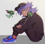  &gt;_&lt; +++ 1boy absurdres bangs baseball_cap blue_footwear blush bright_pupils closed_mouth commentary_request dark-skinned_male dark_skin dreepy flying_sweatdrops from_side gen_8_pokemon hat highres jacket leon_(pokemon) looking_to_the_side male_focus pants pokemon pokemon_(anime) pokemon_swsh_(anime) purple_hair shoes sitting smile solo white_pupils yellow_eyes younger yunoru 