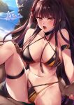  1boy 1girl against_rock beach bikini black_bikini breasts dark-skinned_male dark_skin eyebrows_visible_through_hair girls&#039;_frontline half_updo hetero highres large_breasts long_hair multicolored multicolored_bikini multicolored_clothes one_side_up orange_bikini purple_hair red_eyes reward_available shore solo_focus swimsuit tsuki_tokage wa2000_(girls&#039;_frontline) 