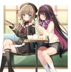  2girls alternate_costume beret black_hair black_hat black_skirt black_socks blue_eyes blurry blurry_background border brown_hair closed_mouth colored_inner_hair columbina_(genshin_impact) commentary_request contemporary couch crossed_legs genshin_impact hat highres indoors kneehighs long_hair long_sleeves looking_at_viewer motoi_ayumu multicolored_hair multiple_girls on_couch parted_bangs purple_eyes purple_hair sandrone_(genshin_impact) school_uniform short_hair_with_long_locks sidelocks sitting skirt smile socks very_long_hair white_border white_socks 
