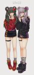  2girls ankle_boots arm_around_waist belt black_choker black_footwear black_shirt black_skirt blush boots choker dual_persona fingernails flower gradient_hair green_hair grey_hair hair_flower hair_ornament hair_rings hand_up highres hoshi_san_3 indie_virtual_youtuber long_sleeves looking_at_viewer miniskirt multicolored_hair multiple_girls nail_polish nema_ui parted_lips pink_nails purple_eyes purple_flower purple_hair purple_nails red_eyes red_flower red_footwear red_shirt shirt simple_background skirt smile socks streaked_hair striped striped_legwear thigh_strap twintails v_over_mouth white_background 
