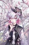  1girl absurdres beret black_choker black_hat cherry_blossoms choker commentary_request flower gradient_hair hair_flower hair_ornament hand_up hat highres holding holding_flower long_sleeves looking_at_viewer mahou_shoujo_no_majo_saiban multicolored_hair name_connection neck_ribbon object_namesake outdoors petals pink_eyes pink_hair pye_yyy ribbon sakuraba_ema short_hair sky solo spring_(season) tree twitter_username white_hair white_ribbon x_hair_ornament 