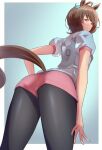  1girl agnes_tachyon_(umamusume) ahoge animal_ears ass black_legwear brown_hair earrings eyebrows_visible_through_hair from_behind from_below gym_shorts gym_uniform highres horse_ears horse_girl horse_tail jewelry looking_back pantyhose pink_shorts red_eyes shirt shorts smile tail umamusume varie7k white_shirt 