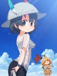  2girls alternate_costume animal_ear_fluff animal_ears bangs black_bra black_eyes black_hair blonde_hair blue_sky bra cloud commentary_request day extra_ears from_side hat hat_feather highres kaban_(kemono_friends) kemono_friends looking_at_viewer looking_to_the_side multiple_girls orange_eyes outdoors sat-c see-through serval_(kemono_friends) serval_print shirt shirt_removed short_hair short_sleeves sky smile solo_focus sports_bra sunlight tail underwear water_drop wet wet_clothes white_headwear white_shirt 