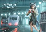  1girl animal_ears black_dress black_hair black_shoes blue_eyes box commentary_request deutsche_bahn dress eishin_flash_(casual)_(umamusume) eishin_flash_(umamusume) german_text gift gift_box grey_jacket high_heels highres hoiruka_oekaki holding holding_box horse_ears horse_girl horse_tail jacket leg_up medium_hair open_clothes open_jacket outdoors shoes solo tail train train_station translation_request umamusume 